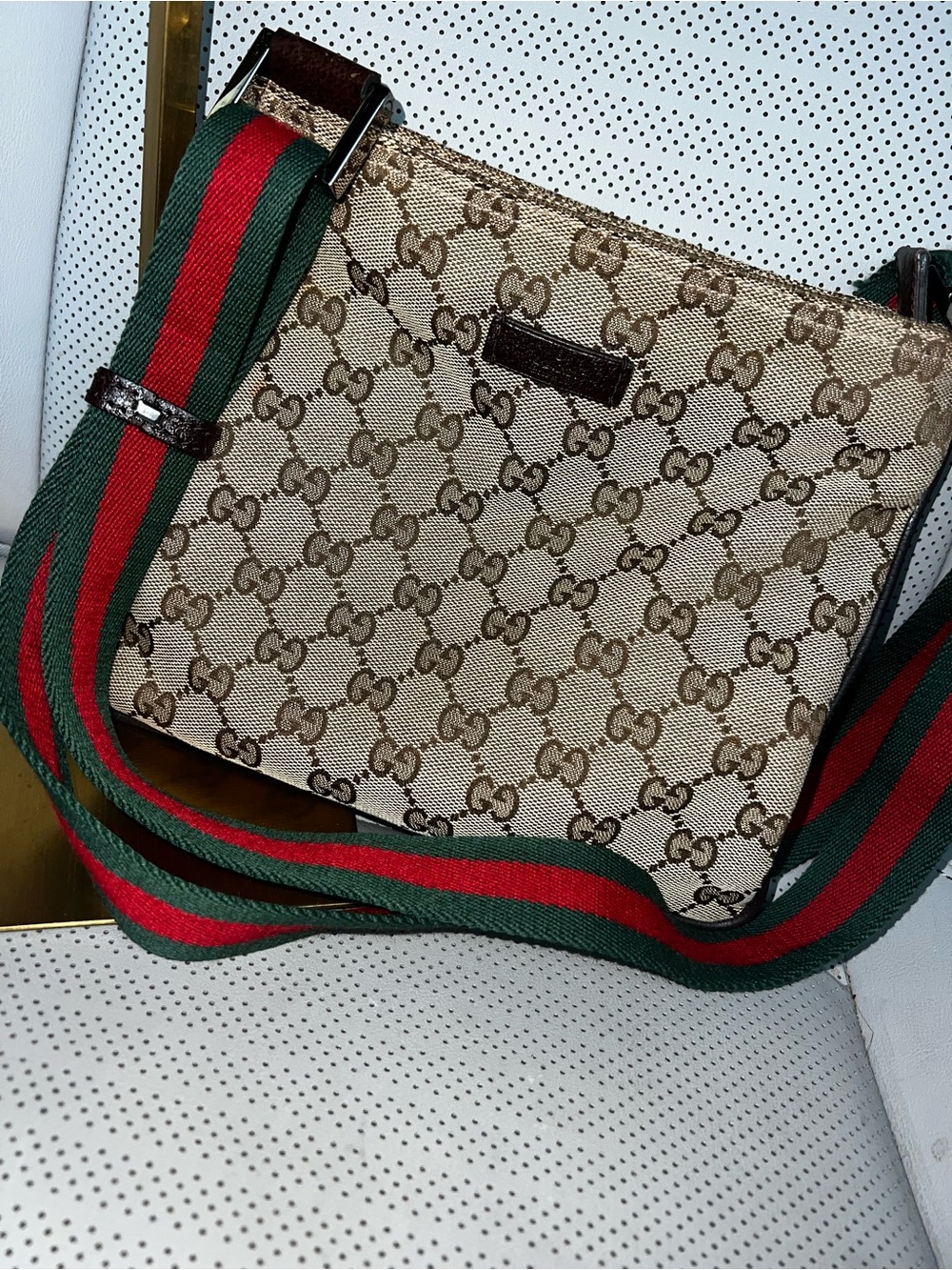Gucci Beige GG Supreme Crossbody with Green-Red Web Strap